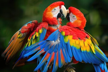 Naklejka premium Macaw Parrots. Birds in Love: A Kiss on a Perch with a Bite