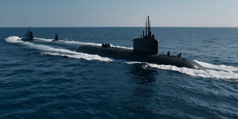 Fototapeta premium seamless background showcasing simple, dark blue silhouettes of submarines on a lighter blue sea, symbolizing the stealth and strategic depth of underwater naval forces