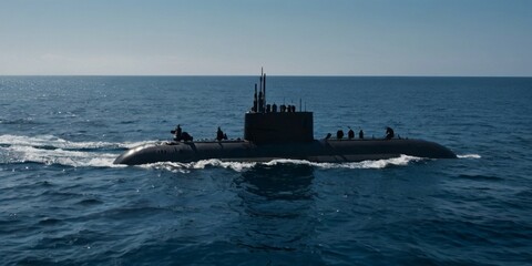 Fototapeta premium seamless background showcasing simple, dark blue silhouettes of submarines on a lighter blue sea, symbolizing the stealth and strategic depth of underwater naval forces
