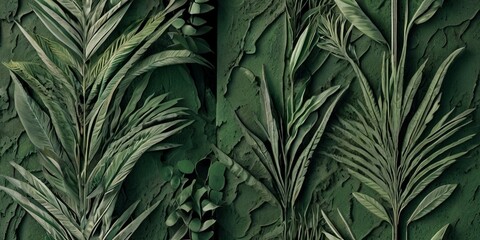 background featuring abstract patterns resembling a jungle scene, etched into green cement, blending urban grit with natural motifs for a distinctive and artistic wall texture