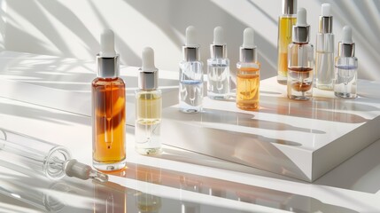 Elegant Display of Mesotherapy Serums and Tools on White Background with Soft Shadows