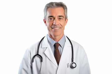 Fototapeta premium White smiling doctor on a white background. World of Medicine. Personal care profession. Medical studies. European doctor. French. America. Images for graphic designers. Image for communication. AI.