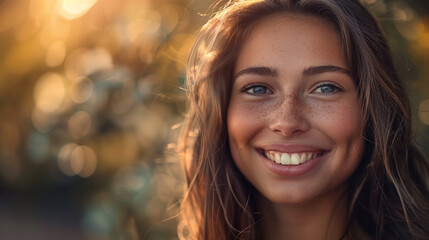 Obraz premium A portrait captures a smiling, lovely, and beautiful woman, her radiance shining through in every feature. Her smile is warm and genuine, reflecting inner joy and positivity