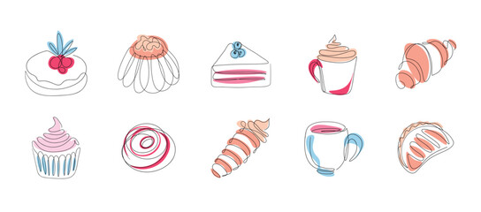 Continuous one line art cafe elements. Doodle sketch coffee shop icons, bakery pastry food with abstract shapes, tea and coffee menu. Vector isolated set