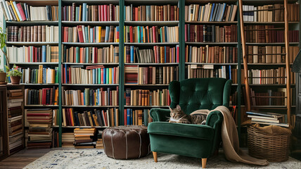 Obraz na płótnie Canvas Cat lounging on a couch in a small library room 