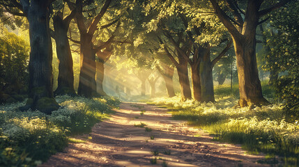 Obraz premium A tree-lined pathway is bathed in sunlight streaming through the leaves, creating a picturesque scene of natural beauty