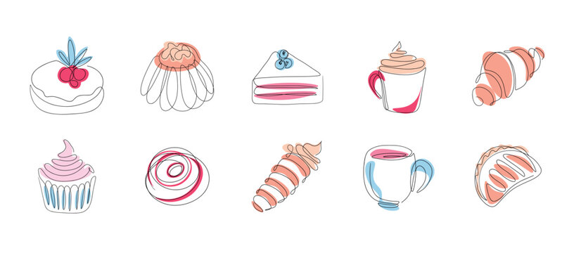 Continuous one line art cafe elements. Doodle sketch coffee shop icons, bakery pastry food with abstract shapes, tea and coffee menu. Vector isolated set
