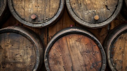 Background of weathered wooden wine barrels, ideal for winery themes