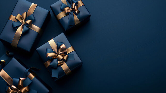 Elegantly wrapped gift boxes stand out against a deep blue backdrop, exuding a sense of luxury and celebration