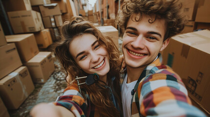 In a joyful moment of transition, a young couple takes a selfie while holding a house key, symbolizing their move to a new home together