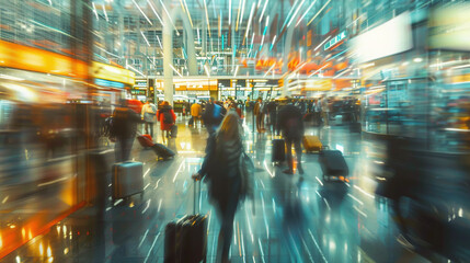 Fototapeta premium In the backdrop, a modern airport buzzes with activity, depicted through a blurred background that captures abstract motion