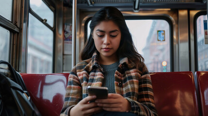 Inside a train wagon, a young, beautiful Hispanic woman is engrossed in her smartphone