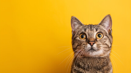 The wide-eyed stare of a curious cat fills the frame, its gaze intense and focused. Set against a plain yellow background