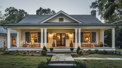 The facade of a traditional one-story home features an inviting porch that spans the front