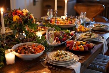 Fototapeta premium Elegant Paleo Feast Dinner Table with Roasted Vegetables, Grilled Meats, Fresh Fruits, and Candles
