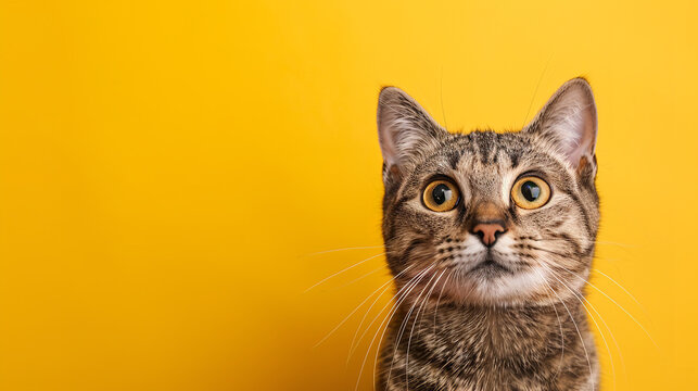 The wide-eyed stare of a curious cat fills the frame, its gaze intense and focused. Set against a plain yellow background