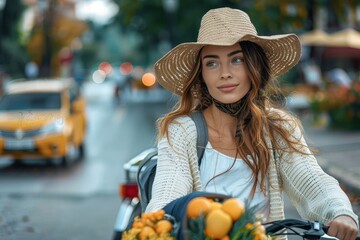 A stylish young woman in a straw hat sits on a scooter on a city street, a yellow taxi in the...