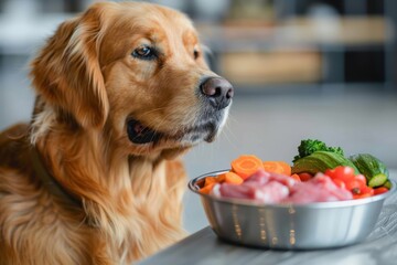 A golden retriever gazes at a bowl full of fresh vegetables and chunks of meat, a healthy pet meal