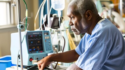 Elderly patient in a hospital, monitoring medical equipment. Focused on healthcare and recovery.