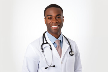  Black smiling doctor on a white background. World of Medicine. Personal care profession. Medical studies. Afro american doctor. Africa. Images for graphic designers. Image for communication. AI.