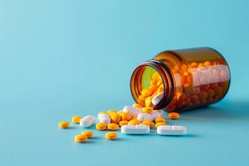 A pill bottle tipped over with yellow and white pills scattered on a blue background, highlighting healthcare themes