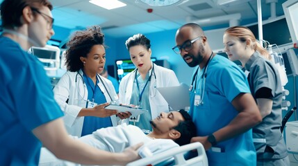 Diverse team of medical professionals attending to a patient in a modern hospital emergency room.