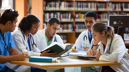 A group of diverse medical students studying together in a library with books and devices.