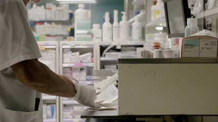 Naklejka premium Pharmacist organizing and filling prescriptions in a modern hospital pharmacy setting.