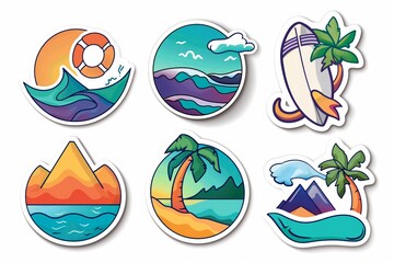 6 stickers set of an ocean beach travel theme on the white background