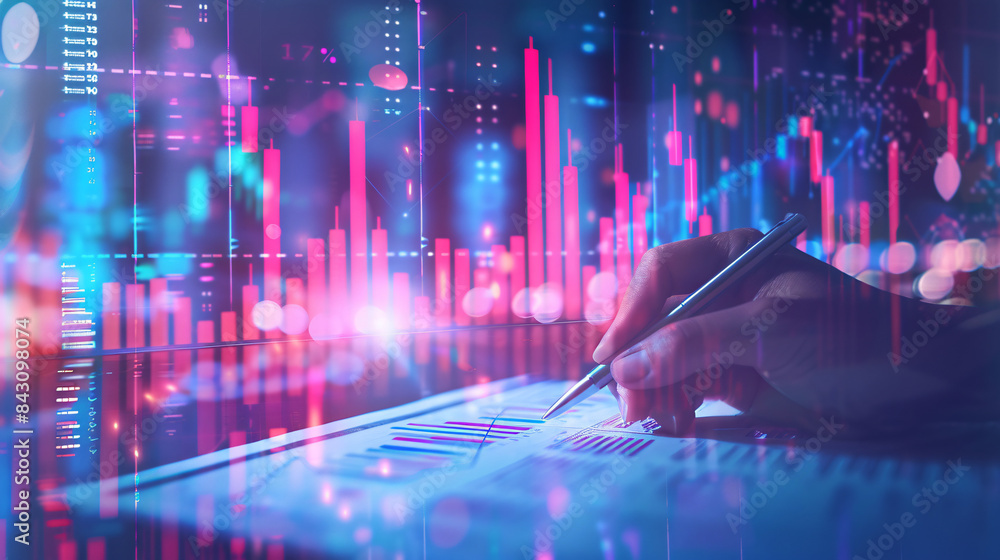 Poster analyzing financial graphs on a tablet with digital overlay in close-up view
