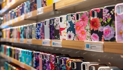 Fototapeta premium Different mobile phone cases on shelves in a multimedia store