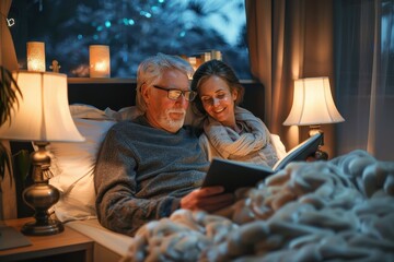 A senior couple comfortably browsing a tablet in bed with soft lighting and blankets