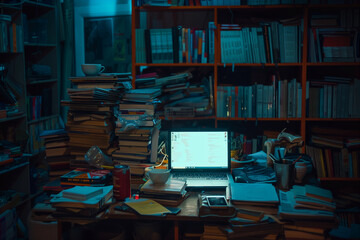 A dimly lit workspace with a laptop screen glowing in the dark stands in stark contrast to the surrounding shadows, creating a cocoon of light amidst the night. Stacks of books tow