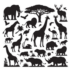 Silhouette Collection of African Wildlife Animals and Trees, Diverse African Wildlife Silhouettes in Natural Habitat