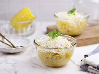 Jasuke (Jagung Susu Keju), Indonesian sweet snack made from steamed sweet corn mixed with milk and grated cheese