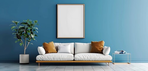 The sleek interior room is adorned with white tiles and a stylish frame on the back wall. A colorful sofa with vibrant cushions adds a pop of color, complemented by a bright ceiling and a potted plant
