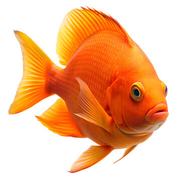 sea garibaldi fish with distinct fins and a prominent eye. It appears to be a goldfish, characterized by its bright coloration and round body shape