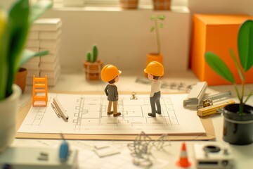 Miniature Construction Management: Architect and Manager Meeting in Empty Office under Soft Sunlight, High Angle Shot in Beige and White Studio Background