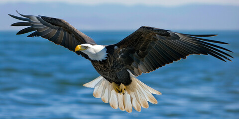 Obraz premium Majestic Bald Eagle in Flight Over Snowy Mountains - Generative AI