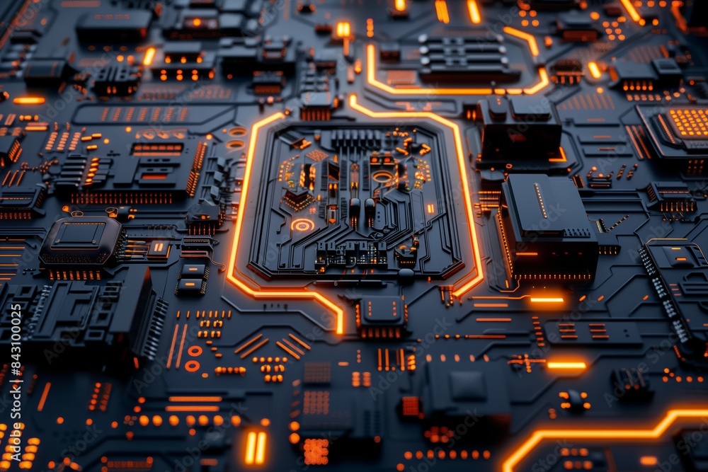 Poster digital engineering elegance: complex circuitry with illuminated bulbs and wires, inspiring ai and t