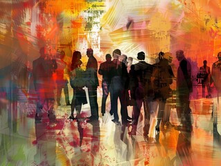 Vibrant Impressionism: Business Professionals Networking with Financiers in a Colorful Conference Setting