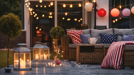 Modern Fourth of July Outdoor Lounge with Patriotic Accents- Red White Blue Theme - American Flag Decorations - Clean Composition for Seasonal Promotions  - Space for Text - 4th of July Event
