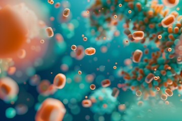 Close-Up View of Bacteria Under Microscope with Vibrant Colors and Detailed Textures in Blue and Orange Tones