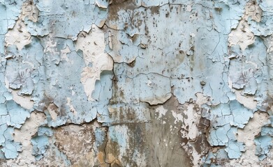 Close-Up of Old Weathered Wall Texture with Chipped Paint and Faded Graffiti on Soft Pastel Blue Background