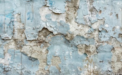 Obraz premium Close-Up of Weathered Wall Texture with Chipped Paint and Faded Graffiti, Soft Pastel Blue Background Enhancing Details