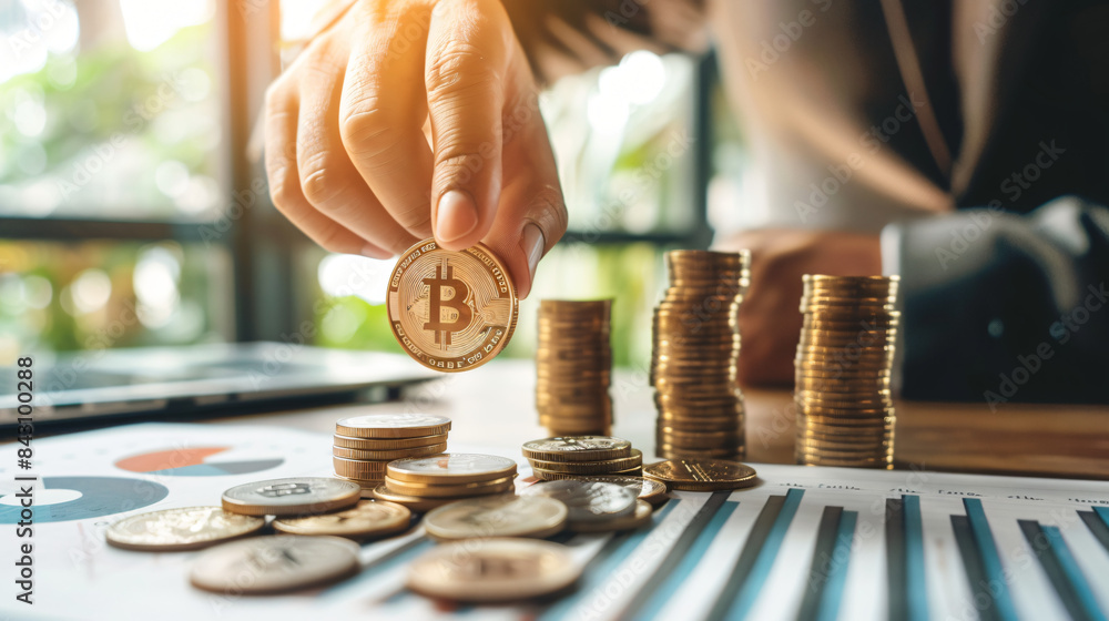 Poster hand placing a bitcoin on top of increasing coin stacks against a financial chart background
