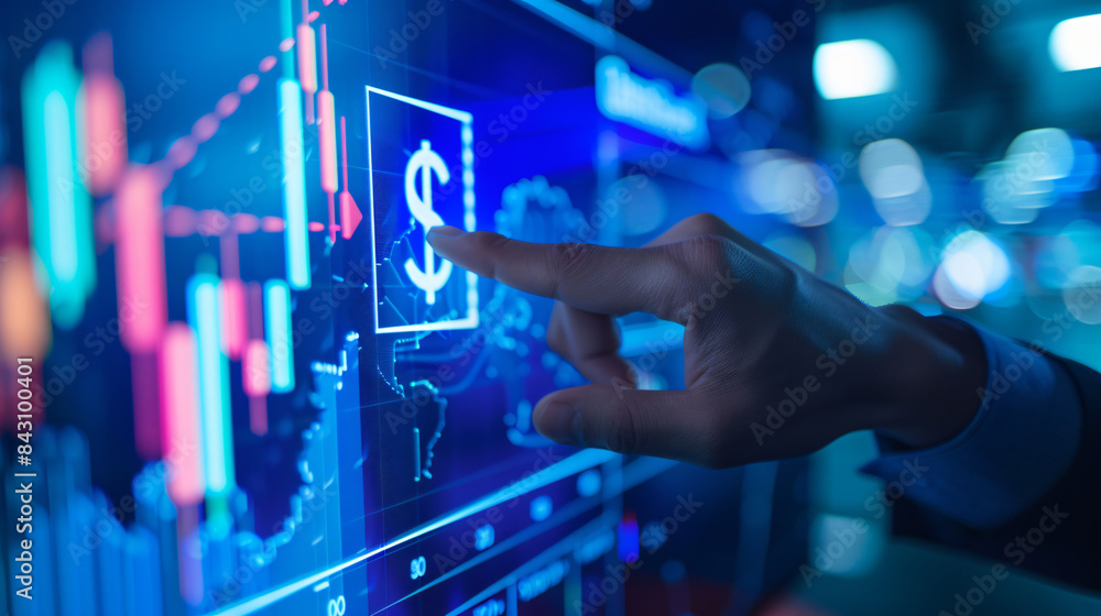 Poster close-up of a hand pointing at digital graphs and currency symbols on a high-tech screen