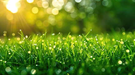 Obraz premium Dewy grass blades in morning sunlight