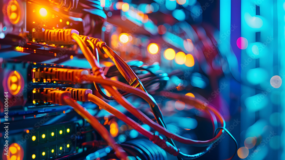 Poster a backdrop of a server room with network cables and lights, network, dynamic and dramatic compositio