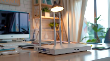 A high-speed wireless WiFi modem router is depicted in a wireframe low poly mesh vector format
